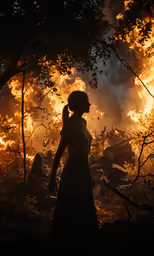 a woman is standing in front of fire