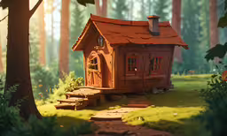 an animated house in the middle of a forest,a small cabin made out of clay sits in the woods