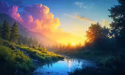 the sunset is reflecting in a stream under clouds