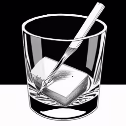 a black and white picture of a glass with an inkbrush and book