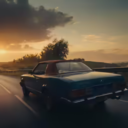 car going on highway at sunset with clouds overhead