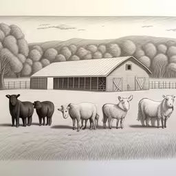five sheep standing in the grass next to a barn