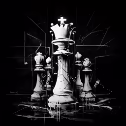 black and white painting of an inverted chess set