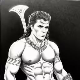 a drawing of an evil god with long hair, horns and tattoos