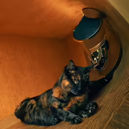 a cat on its back resting under a light with its paw stretched out