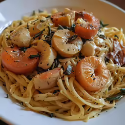 the dish is filled with noodles and shrimp