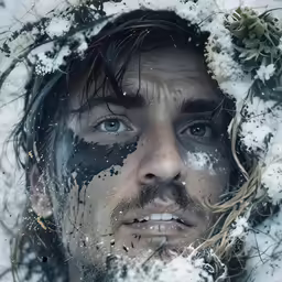 man looking through snow covered windshield in the forest