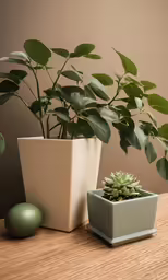 two pots of plants sit on a table, one small