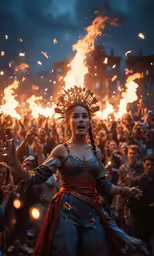 a girl dressed in medieval clothing is lit up with fire