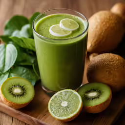 a glass with a green smoothie and sliced fruit