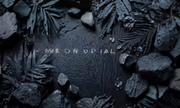 some black rocks and leaves and an inscription that reads mr on oppia