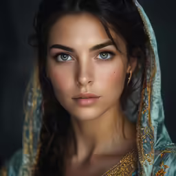 a beautiful young woman wearing a shawl