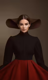 a woman wearing a black jacket and red skirt with a brown hat