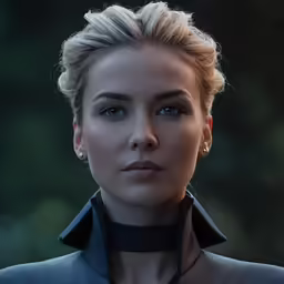 the woman is wearing a leather collar and earrings