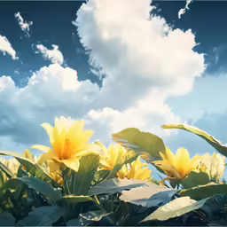 a field full of yellow flowers under the blue sky