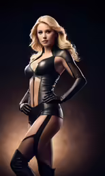 a woman in leather suit and lingerie posing for the camera