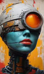a colorful drawing of a futuristic woman with a large eye