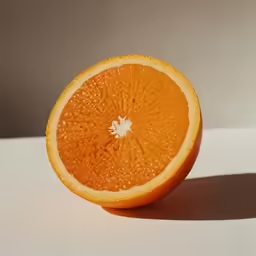 a half - sliced orange sitting on a white counter