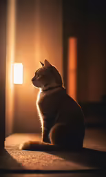 a cat sitting in the sunlight on a carpet