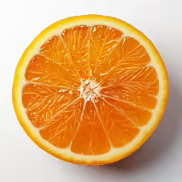 an orange cut in half sitting on top of a white table