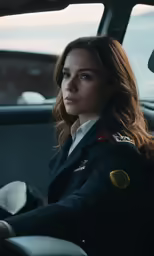 a woman in a uniform looking out the window