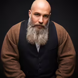 man in black vest and jacket with beard looking at camera