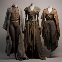 four star wars costumes are on display, some in brown outfits