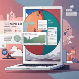 a laptop with screen graphic showing the business information,a computer sitting on a desk, with info