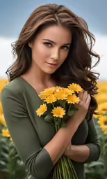 a woman standing in a sunflower field holding a bunch of flowers