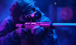 the man is shooting a red rifle in a purple lighting