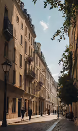 some people walk down a small stone street