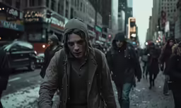 a man wearing a hoodie looking down the street