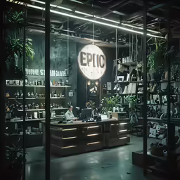 the store is dimly lit and has a long row of shelves filled with plants