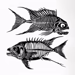 two fish with black and white stripes on them,the skeleton fish in the bottom right is the skeleton of a zebra and is next to a zebra