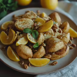 a plate with chicken, oranges and nuts