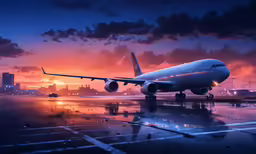 a white airplane on a runway under a cloudy sky