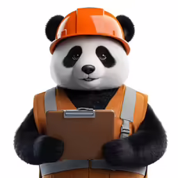 a panda bear dressed up as a construction worker holding a clipboard