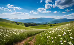 the lush green mountains and flowers are in the foreground