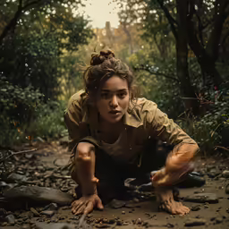 a woman crouching down on a path between trees and rocks