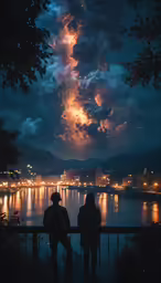 two people on a bench watching a beautiful sky filled with stars