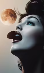 an image of a woman blowing the moon above her mouth