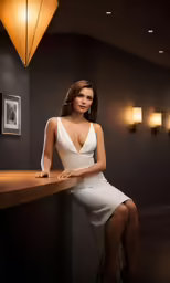 a woman posing for a picture at a bar