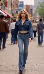 the woman walking down the sidewalk is wearing jeans