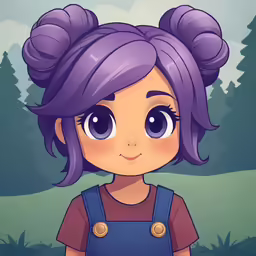 a woman with purple hair standing on a field