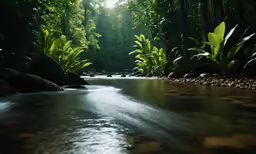 a stream is flowing between several forest and rocks