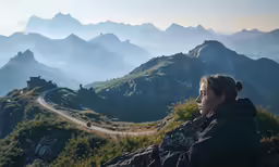a woman sitting at the top of a hill