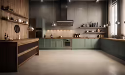 an image of a kitchen setting with wooden floors
