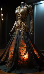 a golden gown with a long train and long sleeves on display