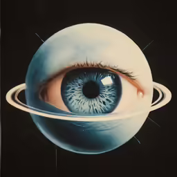 an image of the eye of someone in front of saturn