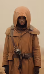 a person in trenchcoat with a camera on his shoulder